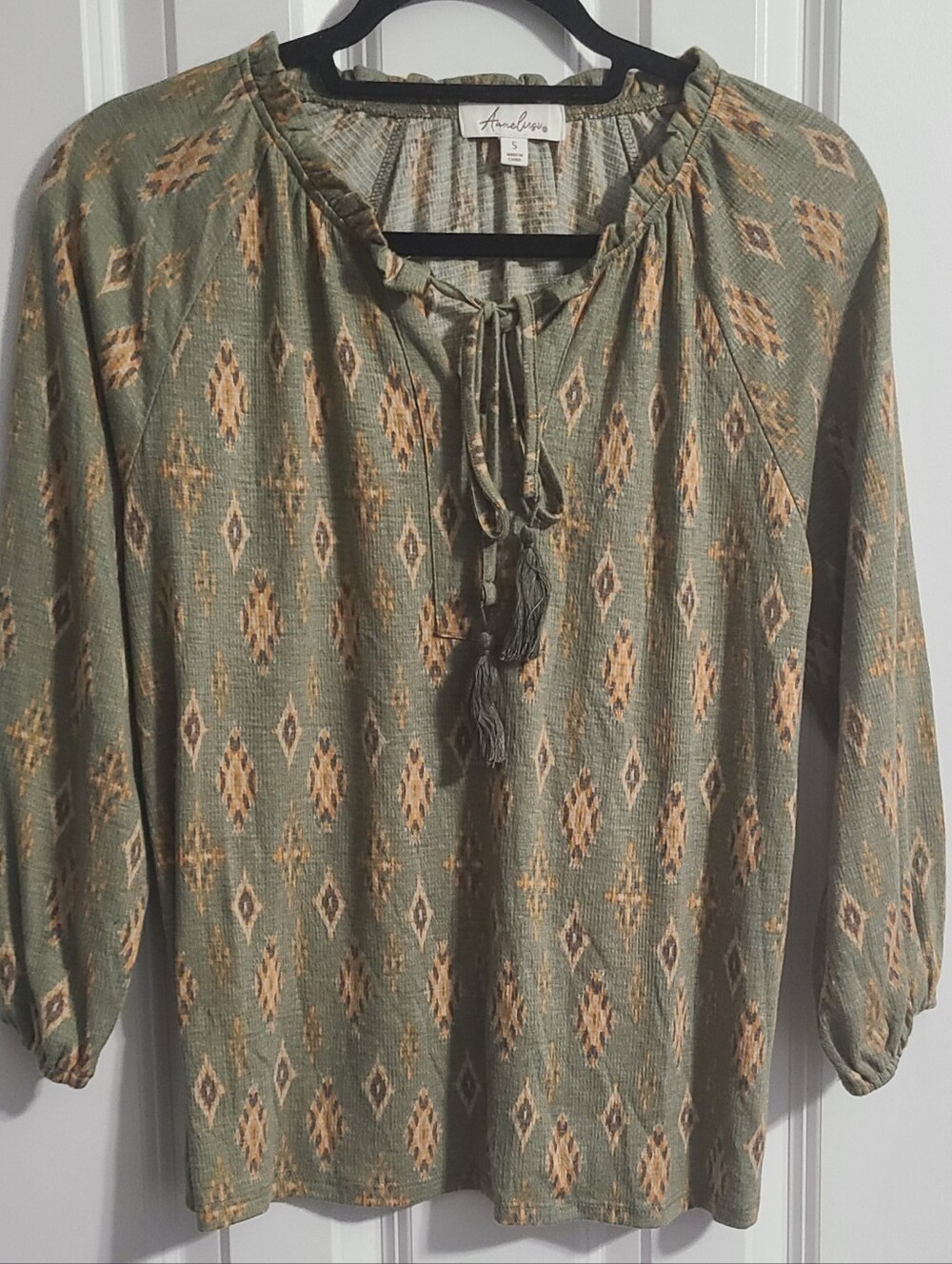 Ambrielle Olive and Tan Printed Peasant Top with Tassel Tie